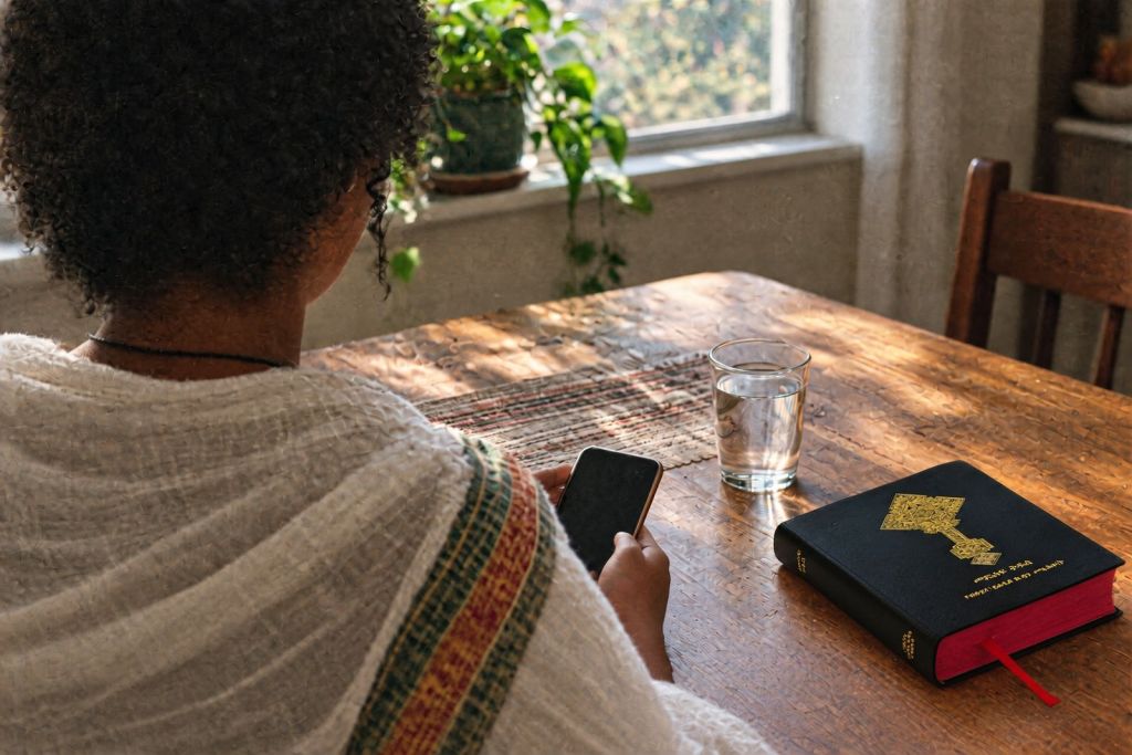 A woman at her kitchen table holding a phone, with a glass of water and an Ethiopian Orthodox Bible beside her